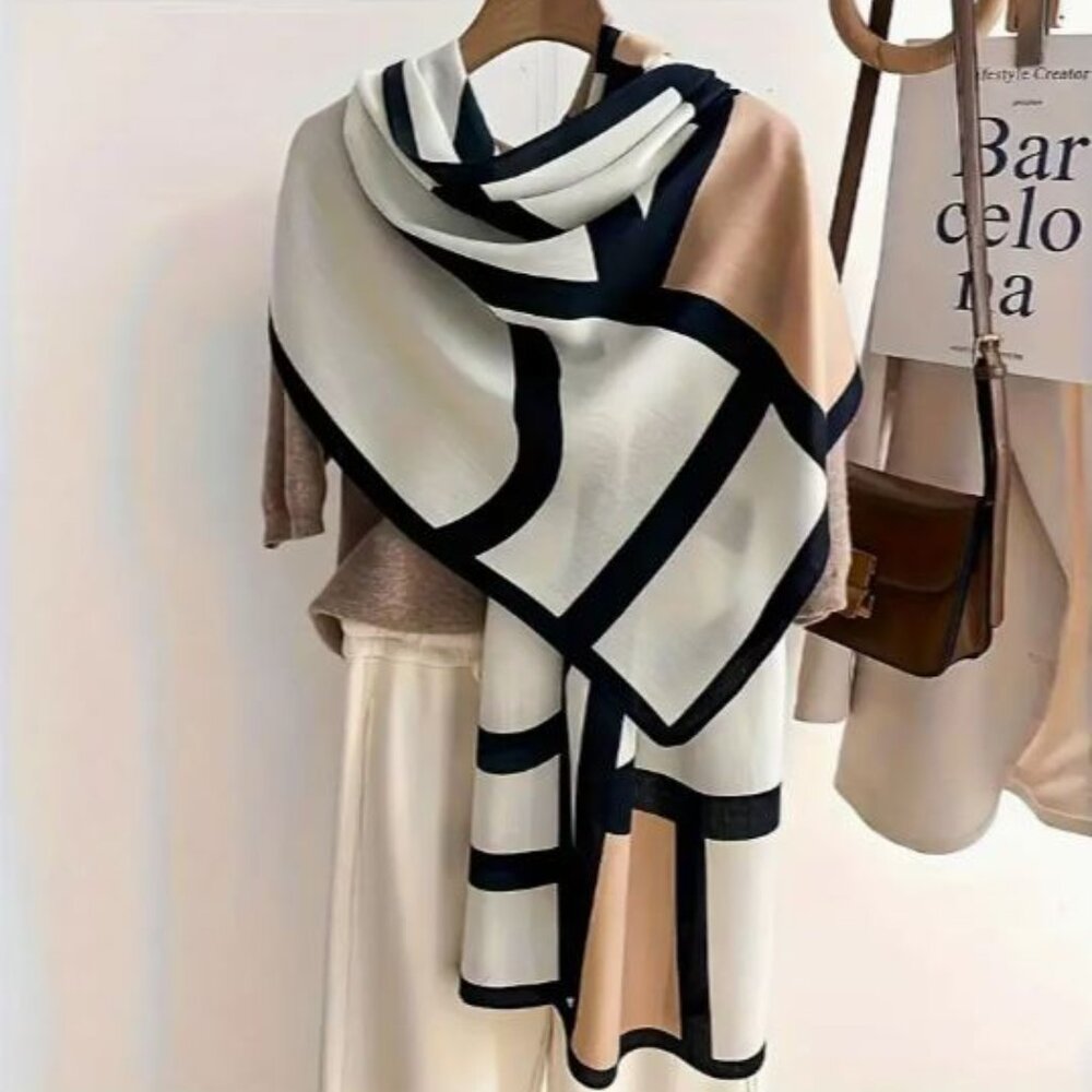 Elegant Geometric Scarf - Black, White, Tan